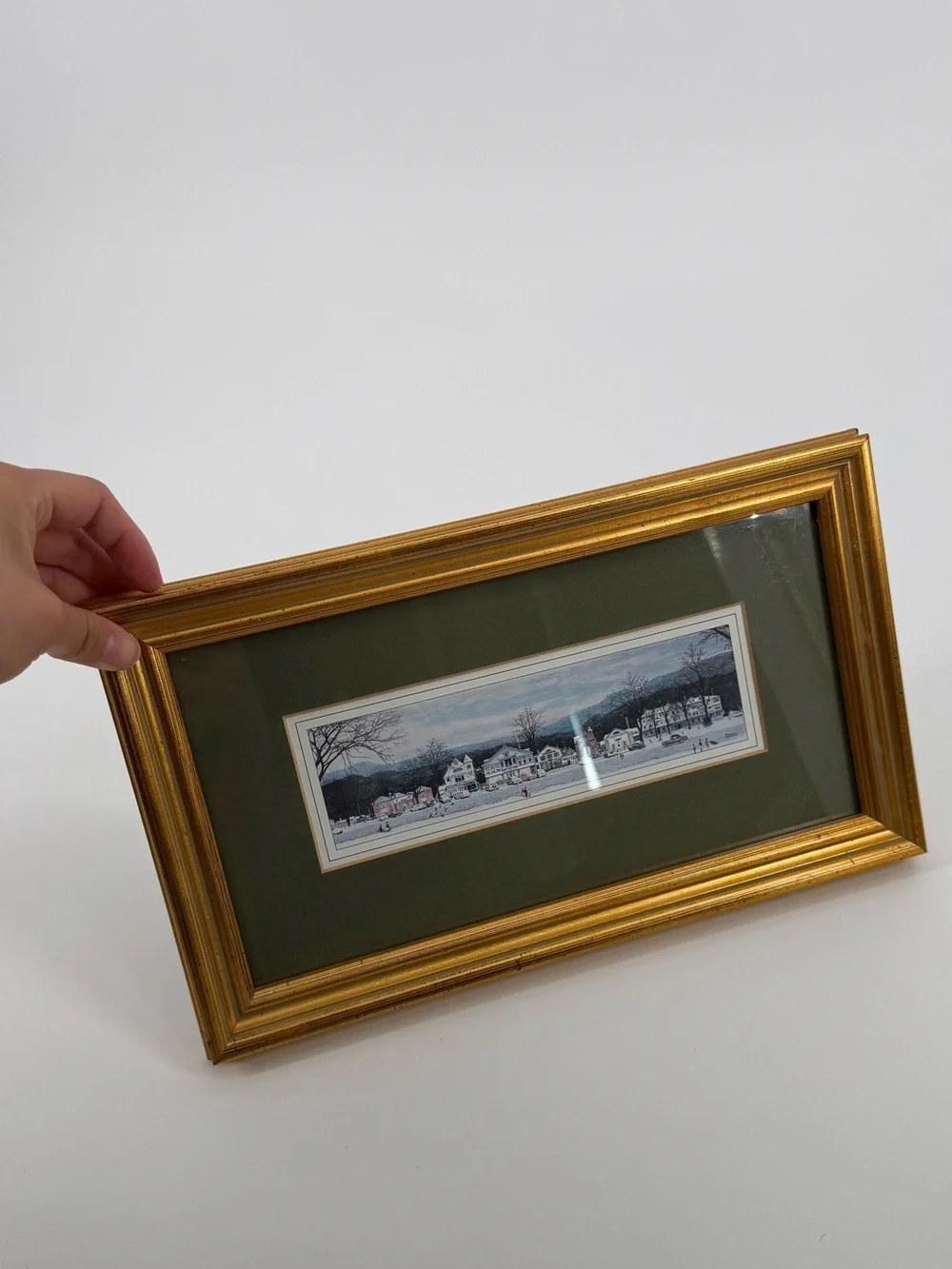 Norman Rockwell Museum Winter Village Art Print Gold Frame Green Mat 13.5x8